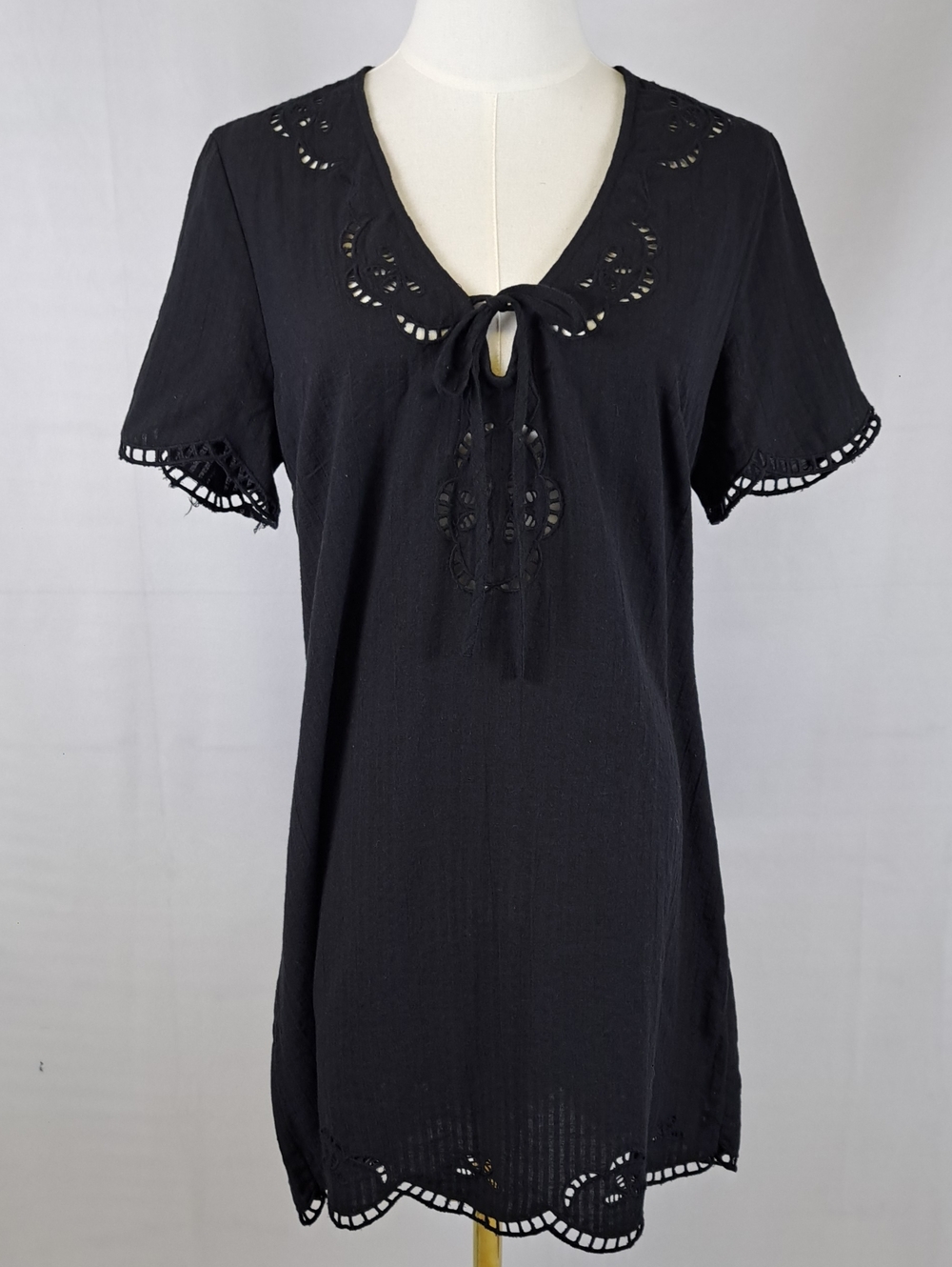 American Eagle Black Eyelet Mini Dress S Boho Linen Blend Tie Front Beach Tunic